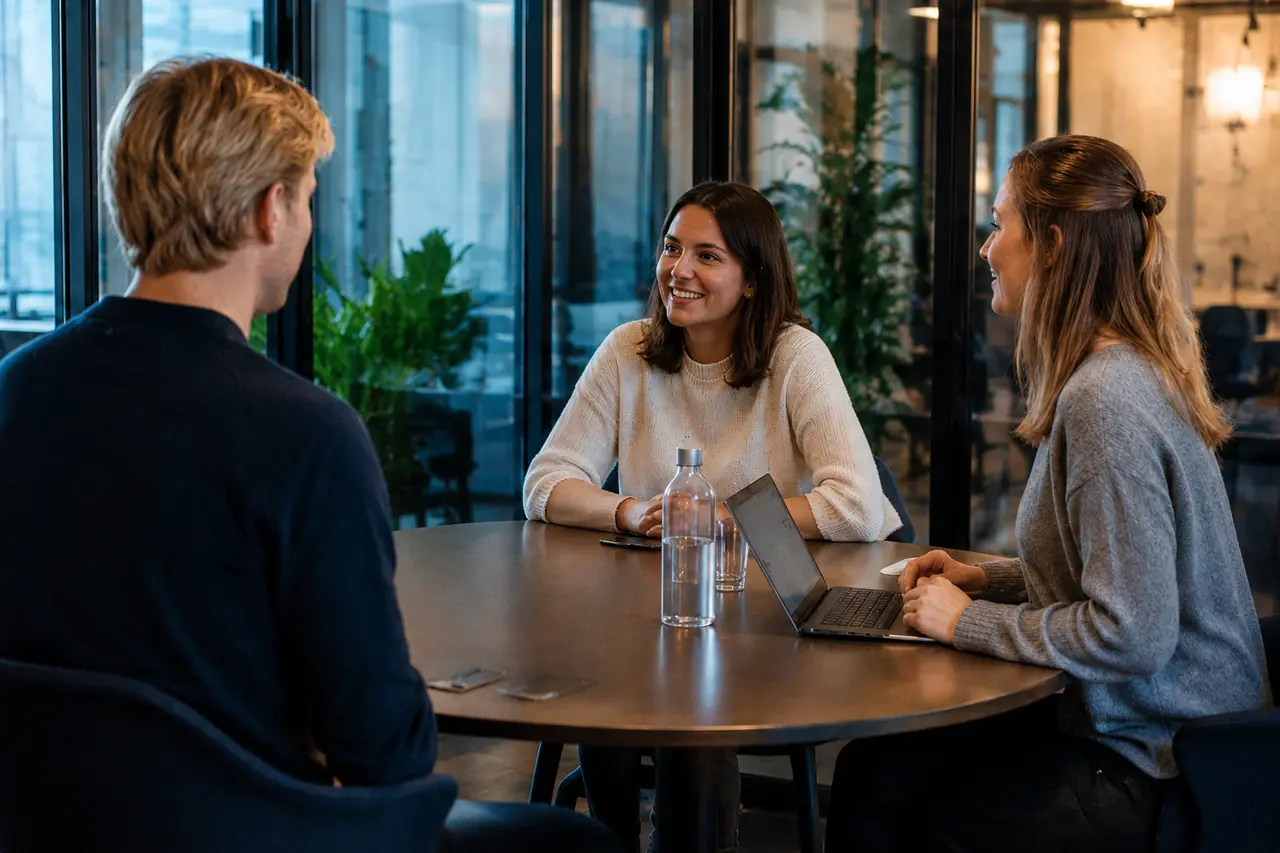 Kennismakingsgesprek aan tafel op het kantoor van Atlior