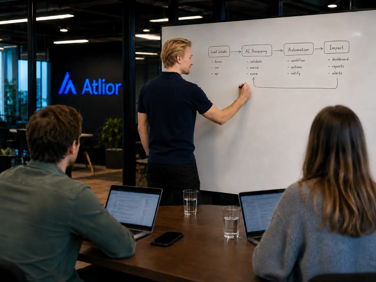Atlior schetst de flow van lead-intake naar AI-verwerking, automatisering en resultaat op een whiteboard